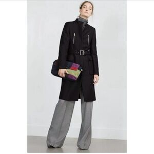 Zara Woman Wool Funnel Belted Coat Black XS